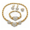 Oro Laminado Necklace, Bracelet, Earring and Ring, Gold Filled Style Hugs and Kisses and Love Design, with White Crystal, White Enamel Finish, Golden Finish, 06.380.0003