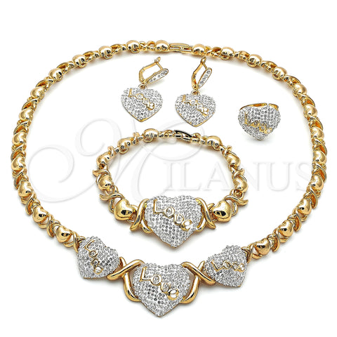 Oro Laminado Necklace, Bracelet, Earring and Ring, Gold Filled Style Hugs and Kisses and Love Design, with White Crystal, White Enamel Finish, Golden Finish, 06.380.0003