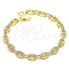 Oro Laminado Fancy Bracelet, Gold Filled Style Puff Mariner Design, with White Micro Pave, Polished, Golden Finish, 03.283.0033.08 (07 MM Thickness, 8 Inches Length)