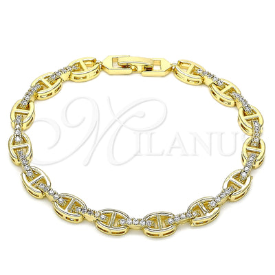 Oro Laminado Fancy Bracelet, Gold Filled Style Puff Mariner Design, with White Micro Pave, Polished, Golden Finish, 03.283.0033.08 (07 MM Thickness, 8 Inches Length)