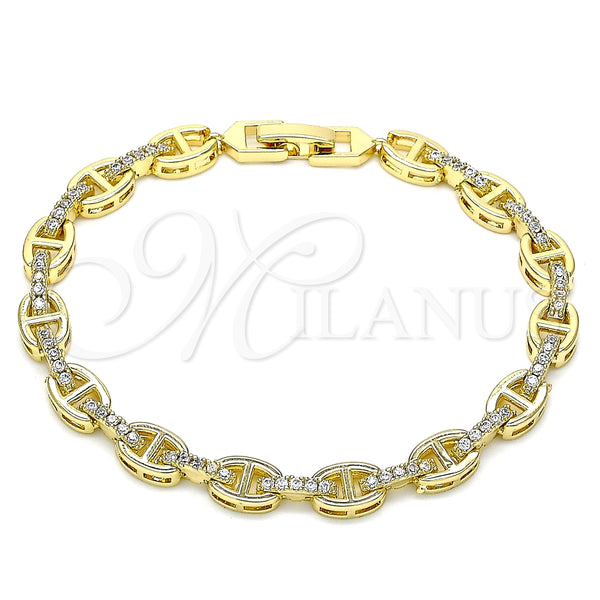 Oro Laminado Fancy Bracelet, Gold Filled Style Puff Mariner Design, with White Micro Pave, Polished, Golden Finish, 03.283.0033.08 (07 MM Thickness, 8 Inches Length)