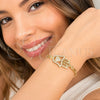 Oro Laminado Fancy Bracelet, Gold Filled Style Judaica and Hand of God Design, with White Micro Pave, Polished, Golden Finish, 03.283.0034.07 (04 MM Thickness, 7 Inches Length)