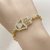 Oro Laminado Fancy Bracelet, Gold Filled Style Judaica and Hand of God Design, with White Micro Pave, Polished, Golden Finish, 03.283.0034.07 (04 MM Thickness, 7 Inches Length)