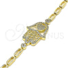Oro Laminado Fancy Bracelet, Gold Filled Style Judaica and Hand of God Design, with White Micro Pave, Polished, Golden Finish, 03.283.0034.07 (04 MM Thickness, 7 Inches Length)