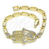 Oro Laminado Fancy Bracelet, Gold Filled Style Judaica and Hand of God Design, with White Micro Pave, Polished, Golden Finish, 03.283.0034.07 (04 MM Thickness, 7 Inches Length)
