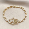 Oro Laminado Fancy Bracelet, Gold Filled Style Judaica and Hand of God Design, with White Micro Pave, Polished, Golden Finish, 03.283.0034.07 (04 MM Thickness, 7 Inches Length)