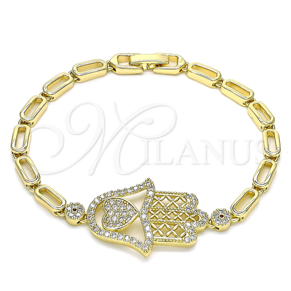 Oro Laminado Fancy Bracelet, Gold Filled Style Judaica and Hand of God Design, with White Micro Pave, Polished, Golden Finish, 03.283.0034.07 (04 MM Thickness, 7 Inches Length)