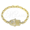 Oro Laminado Fancy Bracelet, Gold Filled Style Judaica and Hand of God Design, with White Micro Pave, Polished, Golden Finish, 03.283.0034.07 (04 MM Thickness, 7 Inches Length)