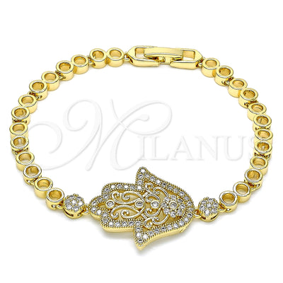 Oro Laminado Fancy Bracelet, Gold Filled Style Judaica and Hand of God Design, with White Micro Pave, Polished, Golden Finish, 03.283.0035.07 (05 MM Thickness, 7 Inches Length)