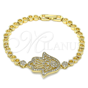 Oro Laminado Fancy Bracelet, Gold Filled Style Judaica and Hand of God Design, with White Micro Pave, Polished, Golden Finish, 03.283.0035.07 (05 MM Thickness, 7 Inches Length)