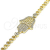 Oro Laminado Fancy Bracelet, Gold Filled Style Judaica and Hand of God Design, with White Micro Pave, Polished, Golden Finish, 03.283.0036.07 (05 MM Thickness, 7 Inches Length)