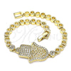 Oro Laminado Fancy Bracelet, Gold Filled Style Judaica and Hand of God Design, with White Micro Pave, Polished, Golden Finish, 03.283.0036.07 (05 MM Thickness, 7 Inches Length)