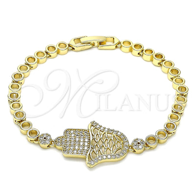 Oro Laminado Fancy Bracelet, Gold Filled Style Judaica and Hand of God Design, with White Micro Pave, Polished, Golden Finish, 03.283.0036.07 (05 MM Thickness, 7 Inches Length)