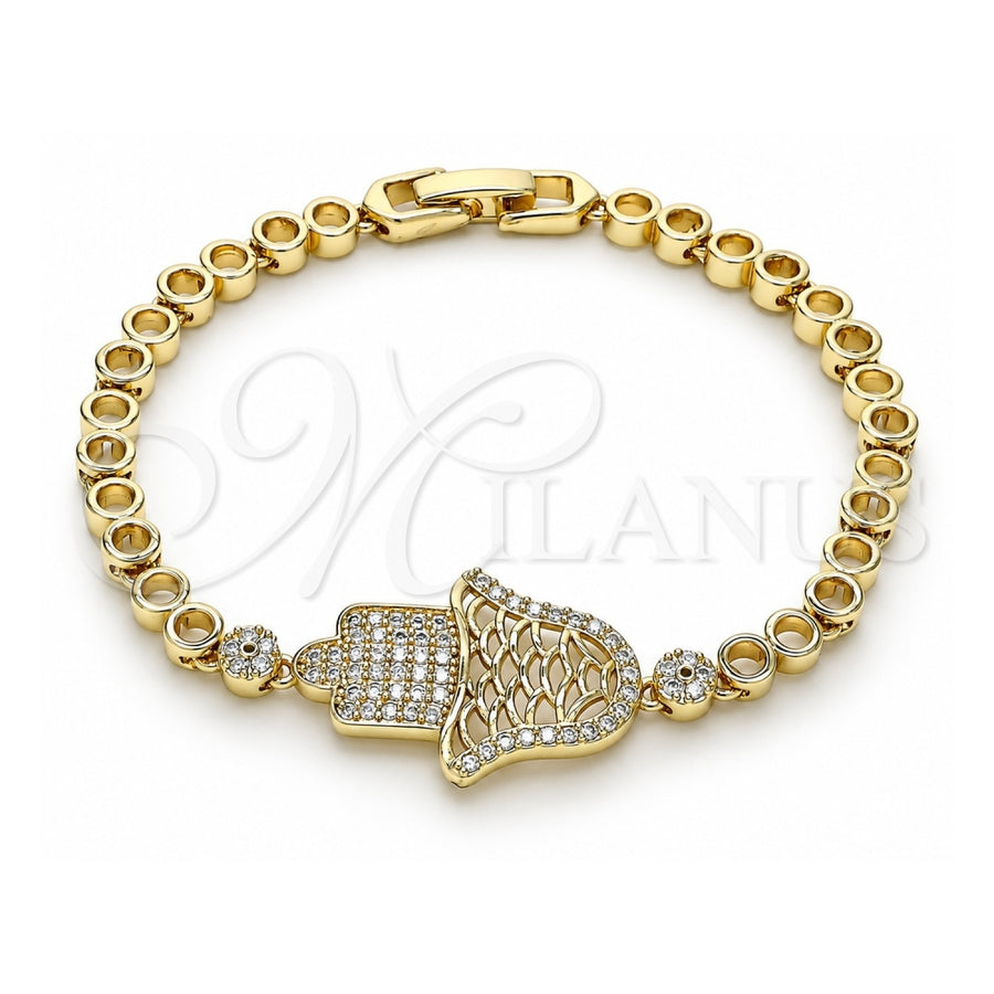 Oro Laminado Fancy Bracelet, Gold Filled Style Judaica and Hand of God Design, with White Micro Pave, Polished, Golden Finish, 03.283.0036.07 (05 MM Thickness, 7 Inches Length)