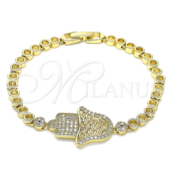 Oro Laminado Fancy Bracelet, Gold Filled Style Judaica and Hand of God Design, with White Micro Pave, Polished, Golden Finish, 03.283.0036.07 (05 MM Thickness, 7 Inches Length)