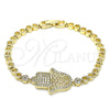 Oro Laminado Fancy Bracelet, Gold Filled Style Judaica and Hand of God Design, with White Micro Pave, Polished, Golden Finish, 03.283.0036.07 (05 MM Thickness, 7 Inches Length)