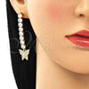Oro Laminado Long Earring, Gold Filled Style Butterfly Design, with White Cubic Zirconia and White Micro Pave, Polished, Golden Finish, 02.283.0033