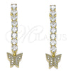Oro Laminado Long Earring, Gold Filled Style Butterfly Design, with White Cubic Zirconia and White Micro Pave, Polished, Golden Finish, 02.283.0033