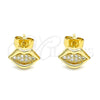 Oro Laminado Stud Earring, Gold Filled Style Lips Design, with White Micro Pave, Polished, Golden Finish, 02.344.0105