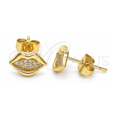 Oro Laminado Stud Earring, Gold Filled Style Lips Design, with White Micro Pave, Polished, Golden Finish, 02.344.0105