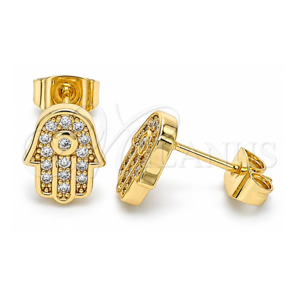 Oro Laminado Stud Earring, Gold Filled Style Hand of God and Judaica Design, with White Micro Pave, Polished, Golden Finish, 02.344.0111