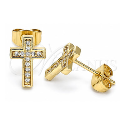 Oro Laminado Stud Earring, Gold Filled Style Cross Design, with White Micro Pave, Polished, Golden Finish, 02.344.0113