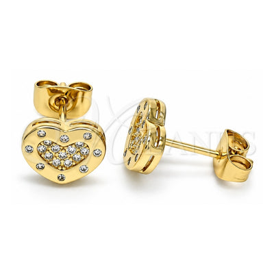 Oro Laminado Stud Earring, Gold Filled Style Heart Design, with White Micro Pave, Polished, Golden Finish, 02.344.0118