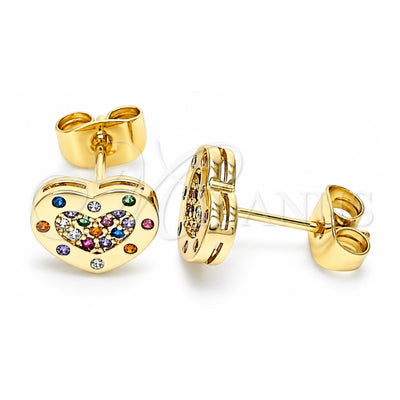 Oro Laminado Stud Earring, Gold Filled Style Heart Design, with Multicolor Micro Pave, Polished, Golden Finish, 02.344.0118.1