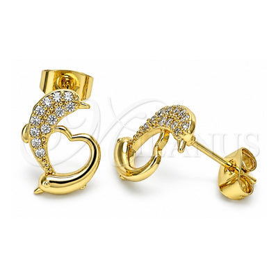 Oro Laminado Stud Earring, Gold Filled Style Dolphin and Heart Design, with White Micro Pave, Polished, Golden Finish, 02.344.0120