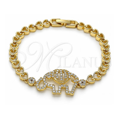 Oro Laminado Basic Bracelet, Gold Filled Style Elephant and Heart Design, with White Micro Pave, Polished, Golden Finish, 03.283.0040.07 (06 MM Thickness, 7 Inches Length)