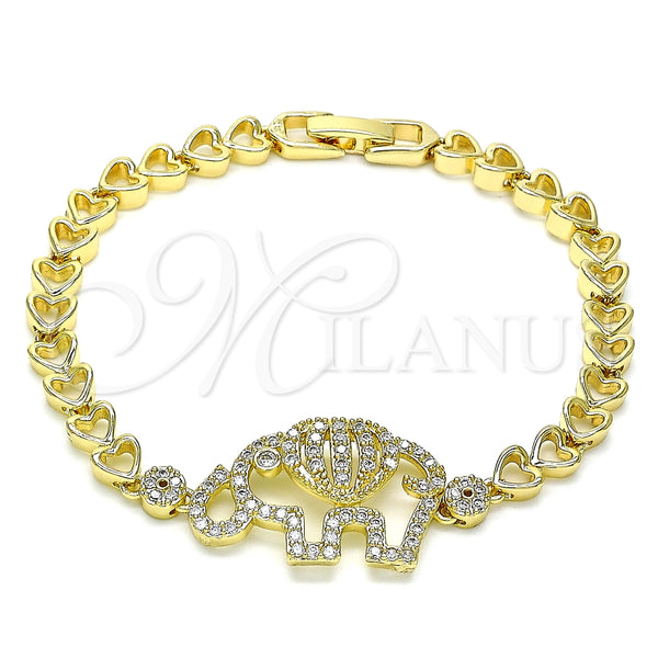 Oro Laminado Basic Bracelet, Gold Filled Style Elephant and Heart Design, with White Micro Pave, Polished, Golden Finish, 03.283.0040.07 (06 MM Thickness, 7 Inches Length)