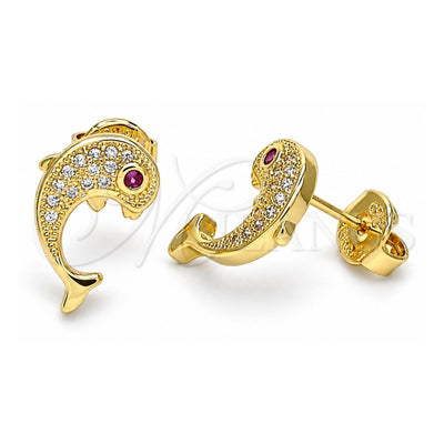 Oro Laminado Stud Earring, Gold Filled Style Dolphin Design, with White Micro Pave and Ruby Cubic Zirconia, Polished, Golden Finish, 02.156.0612
