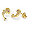 Oro Laminado Stud Earring, Gold Filled Style Dolphin Design, with White Micro Pave and Ruby Cubic Zirconia, Polished, Golden Finish, 02.156.0612