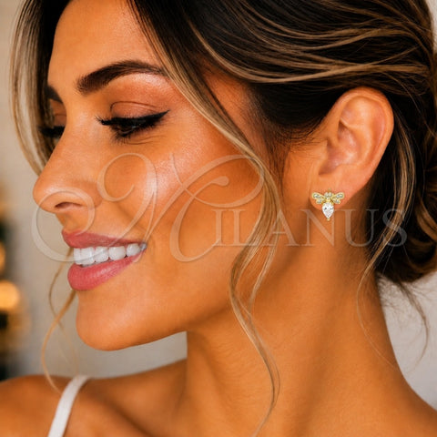 Oro Laminado Stud Earring, Gold Filled Style Bee Design, with White Cubic Zirconia and White Micro Pave, Polished, Golden Finish, 02.156.0613