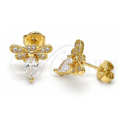 Oro Laminado Stud Earring, Gold Filled Style Bee Design, with White Cubic Zirconia and White Micro Pave, Polished, Golden Finish, 02.156.0613
