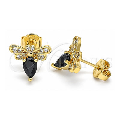 Oro Laminado Stud Earring, Gold Filled Style Bee Design, with Black Cubic Zirconia and White Micro Pave, Polished, Golden Finish, 02.156.0613.2