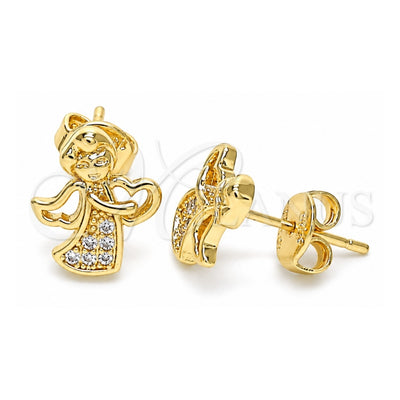Oro Laminado Stud Earring, Gold Filled Style Angel Design, with White Micro Pave, Polished, Golden Finish, 02.156.0614