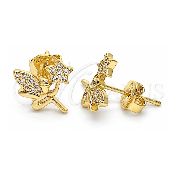 Oro Laminado Stud Earring, Gold Filled Style Angel and Star Design, with White Micro Pave, Polished, Golden Finish, 02.156.0615