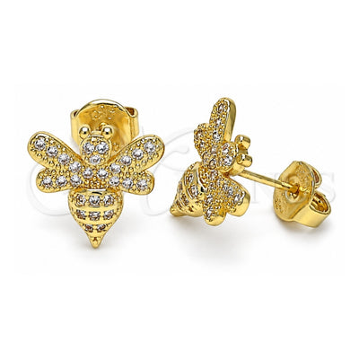 Oro Laminado Stud Earring, Gold Filled Style Bee Design, with White Micro Pave, Polished, Golden Finish, 02.156.0616
