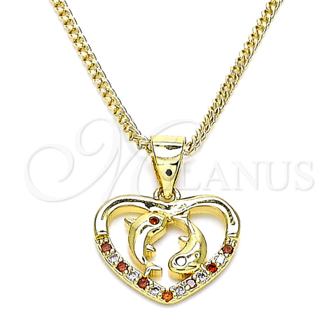 Oro Laminado Pendant Necklace, Gold Filled Style Heart and Dolphin Design, with Garnet and White Micro Pave, Polished, Golden Finish, 04.156.0428.1.20 (02 MM Thickness, 20 Inches Length)