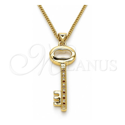 Oro Laminado Pendant Necklace, Gold Filled Style key Design, with Garnet and White Micro Pave, Polished, Golden Finish, 04.156.0429.1.20 (02 MM Thickness, 20 Inches Length)