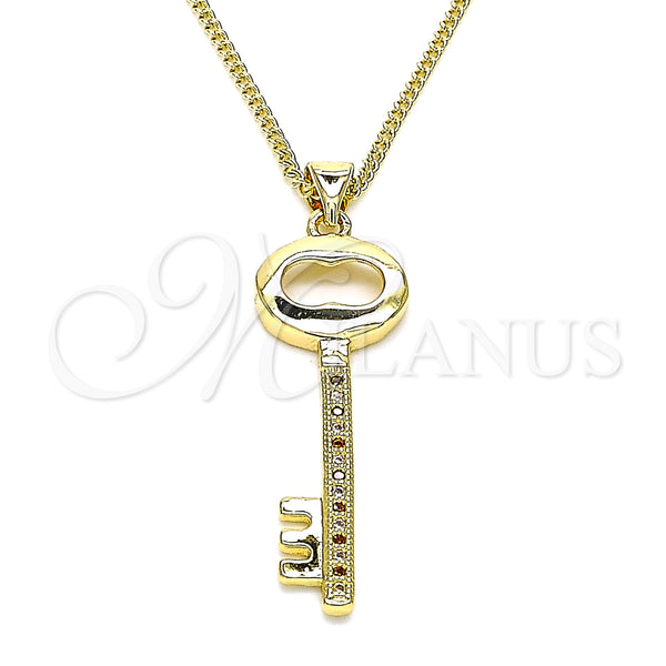 Oro Laminado Pendant Necklace, Gold Filled Style key Design, with Garnet and White Micro Pave, Polished, Golden Finish, 04.156.0429.1.20 (02 MM Thickness, 20 Inches Length)