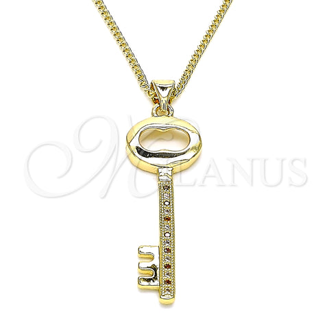 Oro Laminado Pendant Necklace, Gold Filled Style key Design, with Garnet and White Micro Pave, Polished, Golden Finish, 04.156.0429.1.20 (02 MM Thickness, 20 Inches Length)