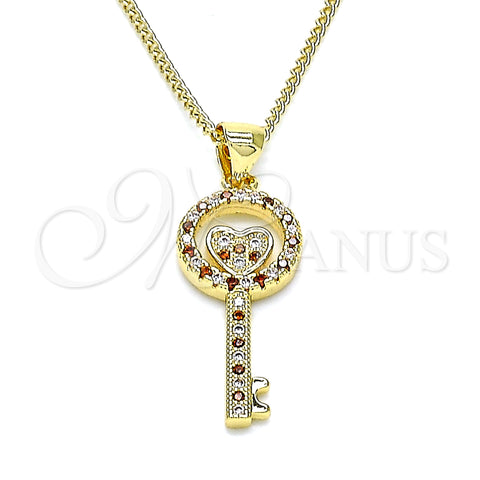 Oro Laminado Pendant Necklace, Gold Filled Style key and Heart Design, with Garnet and White Micro Pave, Polished, Golden Finish, 04.156.0430.1.20 (02 MM Thickness, 20 Inches Length)