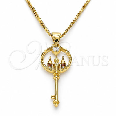 Oro Laminado Pendant Necklace, Gold Filled Style key Design, with Garnet and White Micro Pave, Polished, Golden Finish, 04.156.0432.1.20 (02 MM Thickness, 20 Inches Length)
