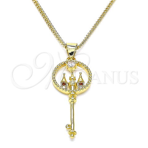 Oro Laminado Pendant Necklace, Gold Filled Style key Design, with Garnet and White Micro Pave, Polished, Golden Finish, 04.156.0432.1.20 (02 MM Thickness, 20 Inches Length)