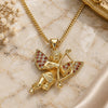 Oro Laminado Pendant Necklace, Gold Filled Style Angel Design, with Garnet and White Micro Pave, Polished, Golden Finish, 04.156.0434.1.20 (02 MM Thickness, 20 Inches Length)