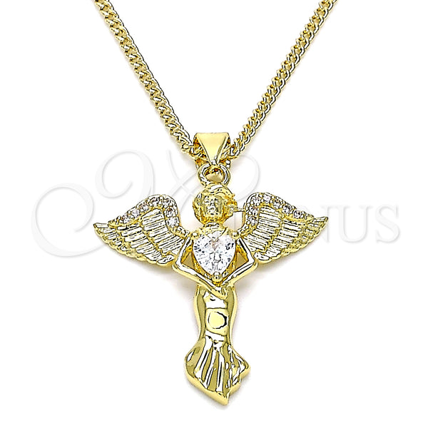 Oro Laminado Pendant Necklace, Gold Filled Style Angel and Heart Design, with White Micro Pave and White Cubic Zirconia, Polished, Golden Finish, 04.156.0437.18 (02 MM Thickness, 18 Inches Length)