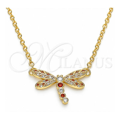 Oro Laminado Pendant Necklace, Gold Filled Style Dragon-Fly Design, with Garnet and White Micro Pave, Polished, Golden Finish, 04.156.0441.1.18 (02 MM Thickness, 18 Inches Length)