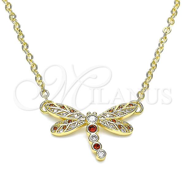 Oro Laminado Pendant Necklace, Gold Filled Style Dragon-Fly Design, with Garnet and White Micro Pave, Polished, Golden Finish, 04.156.0441.1.18 (02 MM Thickness, 18 Inches Length)